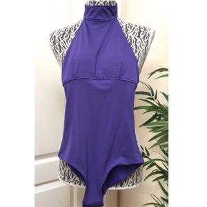 NWOT ONIA One Piece Choker Halter Shelf Bra Low Back Swimsuit Heather Purple Lrg